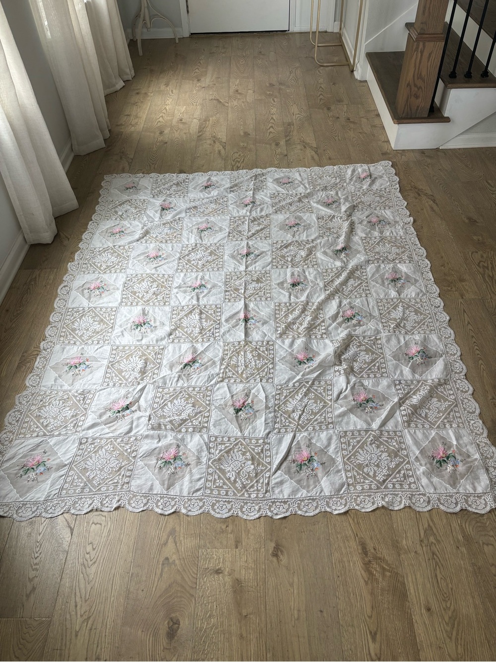 Vintage Army Navy patchwork handcrafted embroidered organdy tablecloth bedspread